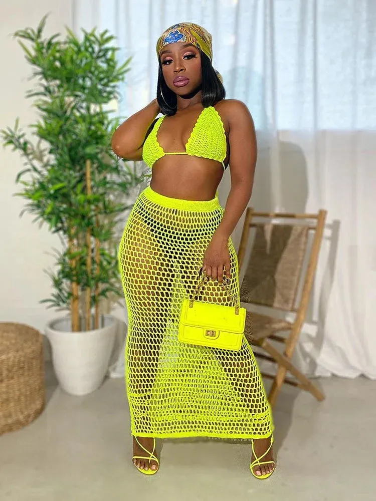Townlike Hollow Out Bandage Sexy Two Piece Set Spaghetti Strap Top And Long Skirt