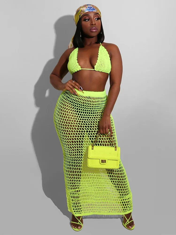 Townlike Hollow Out Bandage Sexy Two Piece Set Spaghetti Strap Top And Long Skirt