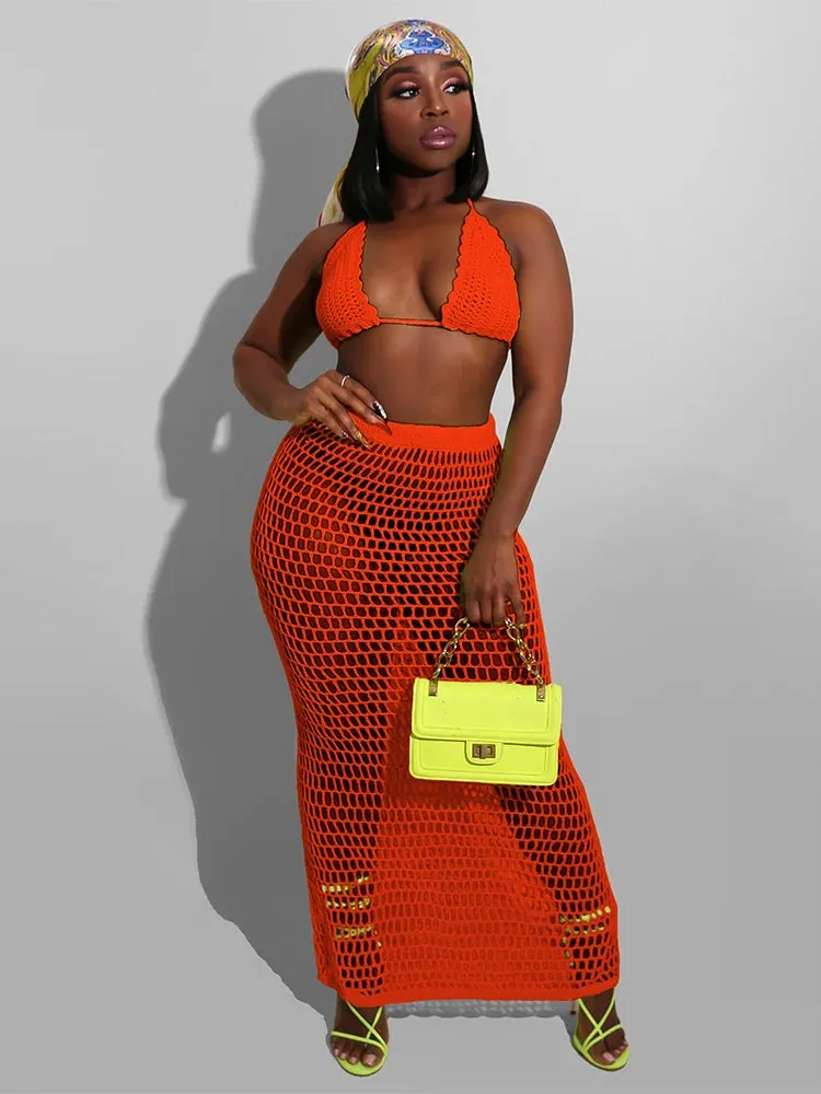 Townlike Hollow Out Bandage Sexy Two Piece Set Spaghetti Strap Top And Long Skirt