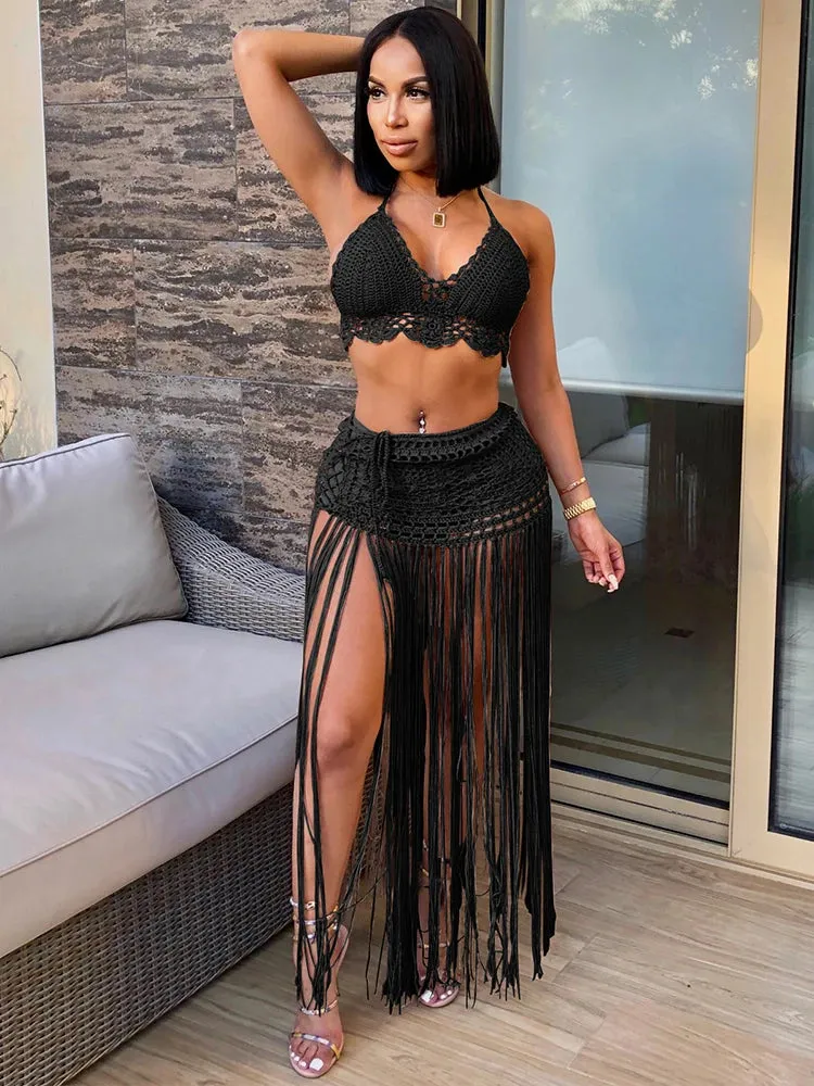 Townlike Hollow Out Bandage Sexy Two Piece Set Spaghetti Strap Top And Long Skirt