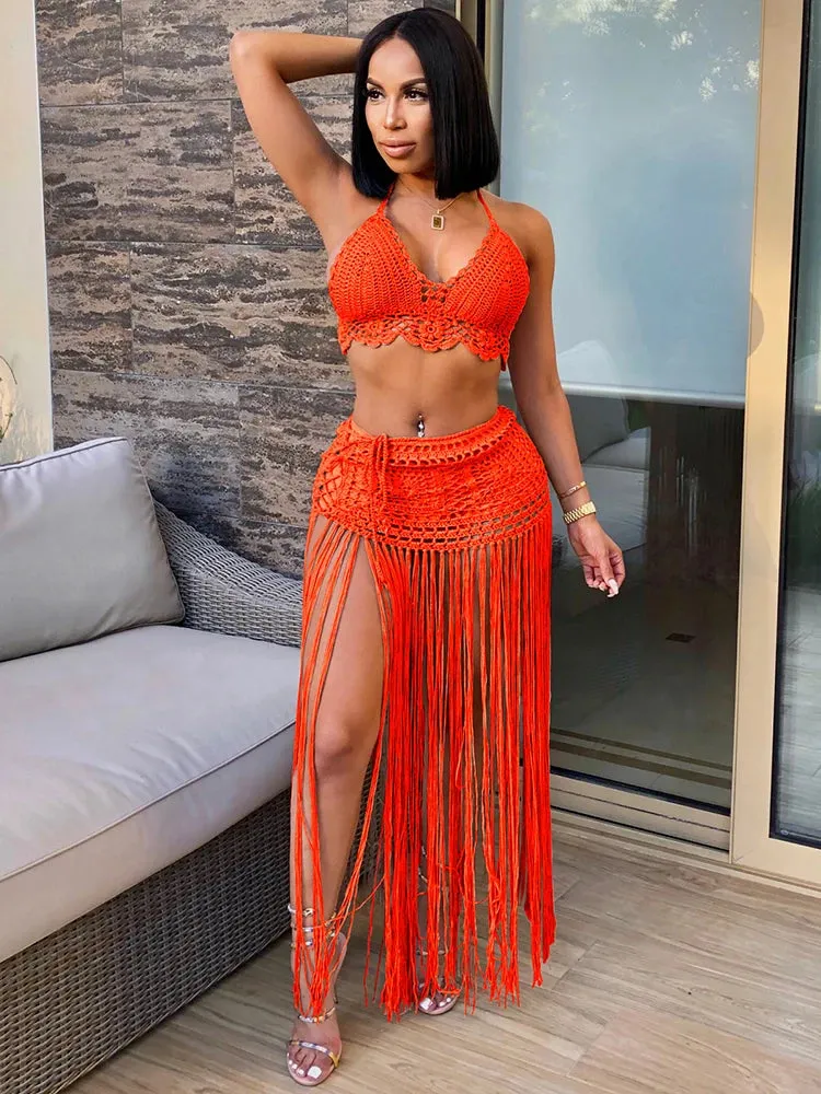 Townlike Hollow Out Bandage Sexy Two Piece Set Spaghetti Strap Top And Long Skirt
