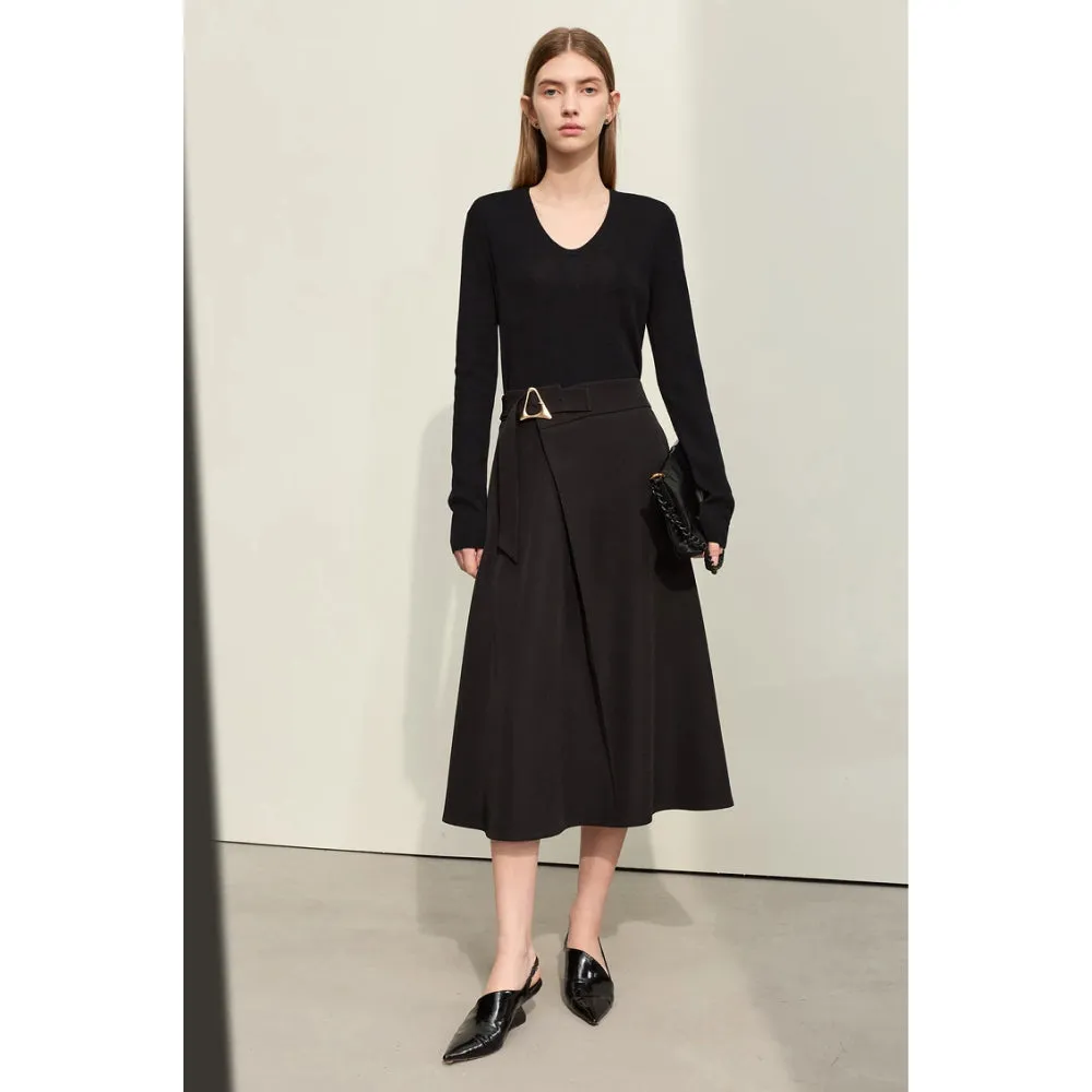 Trendy Office Lady A-line Loose Skirt with Geometric Buckle Belt