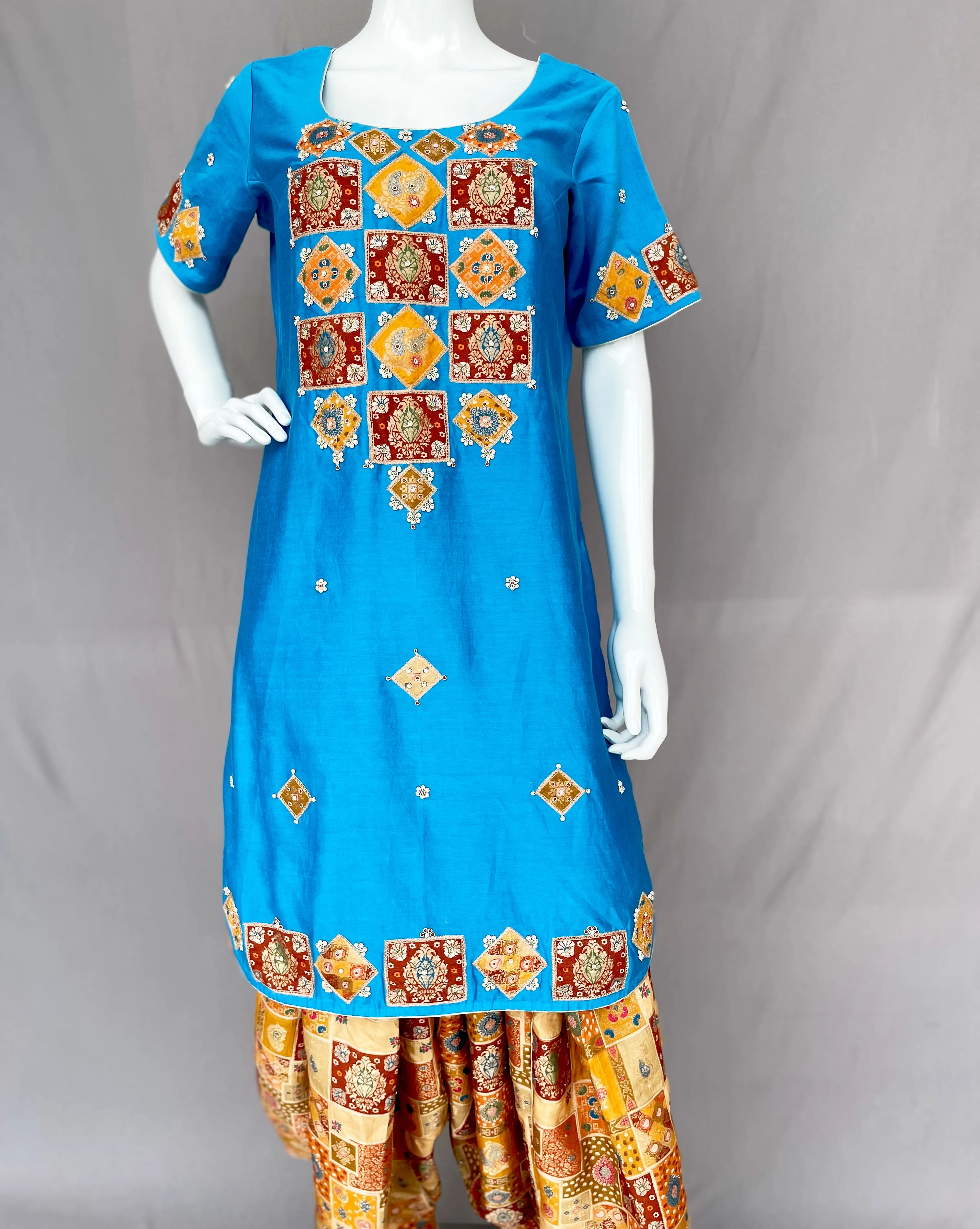 Turquoise yellow patch work Patiala salwar silk suit, Wedding wear, Handmade Suit, Haldi, Mehendi Wear Suit, Gift for her, Punjabi Suit