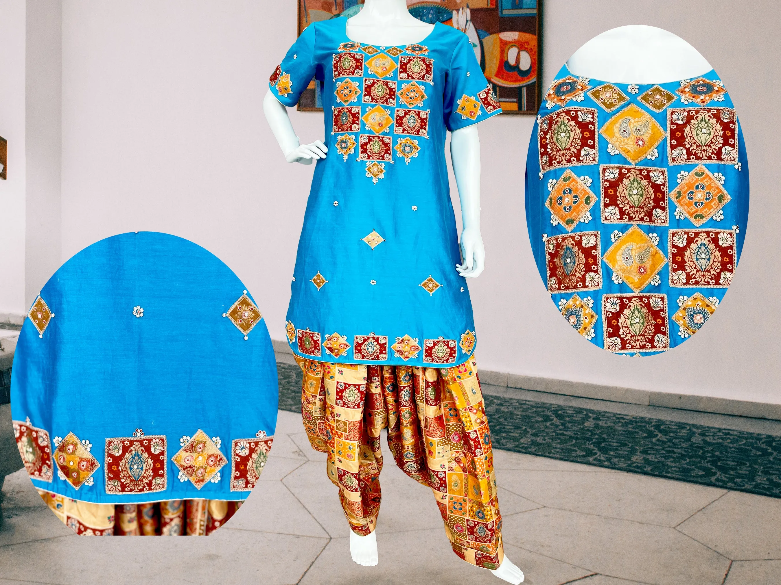 Turquoise yellow patch work Patiala salwar silk suit, Wedding wear, Handmade Suit, Haldi, Mehendi Wear Suit, Gift for her, Punjabi Suit