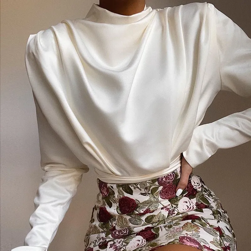 Turtleneck Satin  Open Back  Bodysuits Blouses