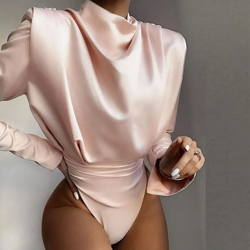 Turtleneck Satin  Open Back  Bodysuits Blouses