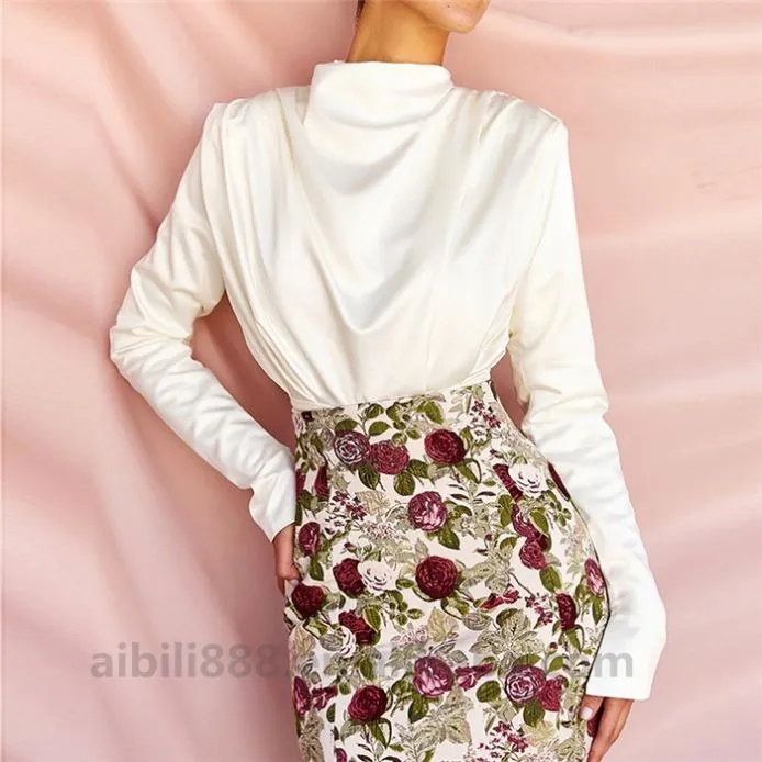 Turtleneck Satin  Open Back  Bodysuits Blouses