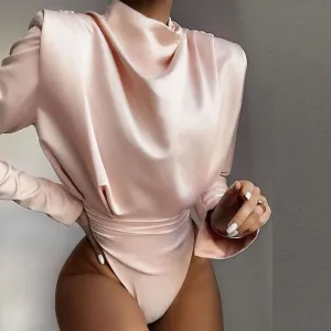 Turtleneck Satin  Open Back  Bodysuits Blouses