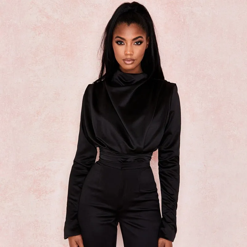 Turtleneck Satin  Open Back  Bodysuits Blouses
