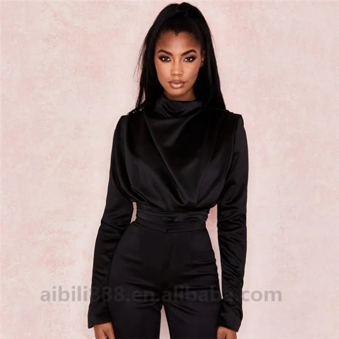 Turtleneck Satin  Open Back  Bodysuits Blouses