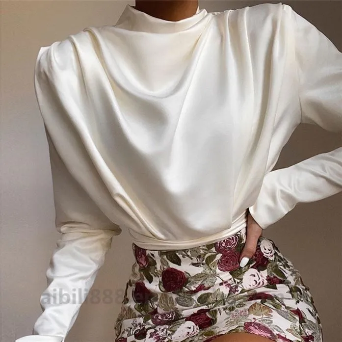 Turtleneck Satin  Open Back  Bodysuits Blouses