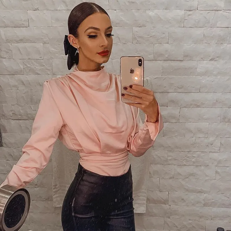 Turtleneck Satin  Open Back  Bodysuits Blouses