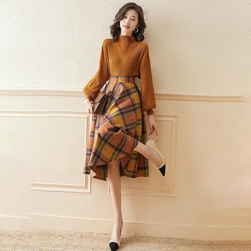 Two Piece Set Women Knitting Korean Elegant Conjunto Femenino Solid Sweater plaid Long Skirts Autumn Winter Clothing