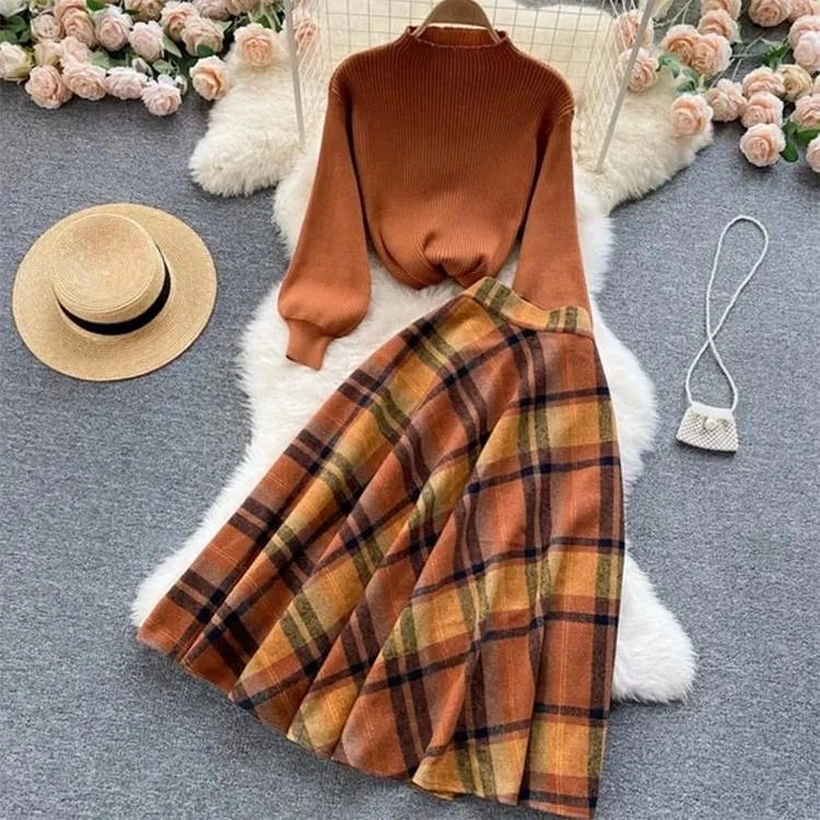 Two Piece Set Women Knitting Korean Elegant Conjunto Femenino Solid Sweater plaid Long Skirts Autumn Winter Clothing