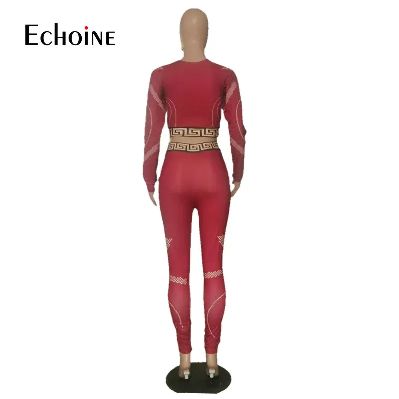 Two-piece Sexy Printed Long Sleeve Waist Bodycon Crop Top Grid Hollow Stitching Lounge Outfits