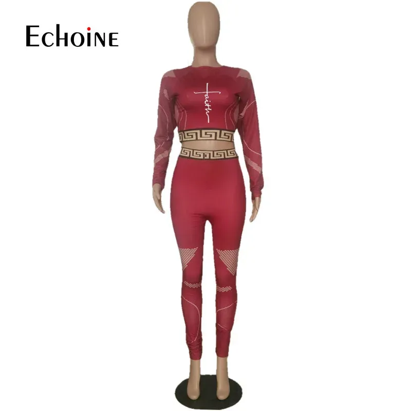 Two-piece Sexy Printed Long Sleeve Waist Bodycon Crop Top Grid Hollow Stitching Lounge Outfits