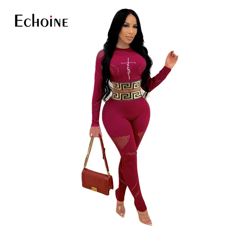 Two-piece Sexy Printed Long Sleeve Waist Bodycon Crop Top Grid Hollow Stitching Lounge Outfits