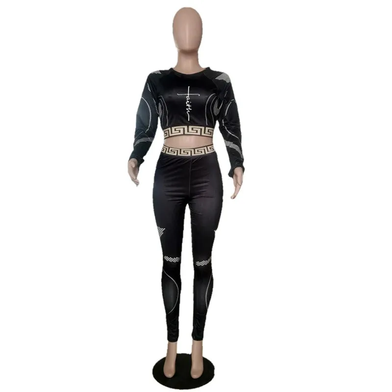 Two-piece Sexy Printed Long Sleeve Waist Bodycon Crop Top Grid Hollow Stitching Lounge Outfits
