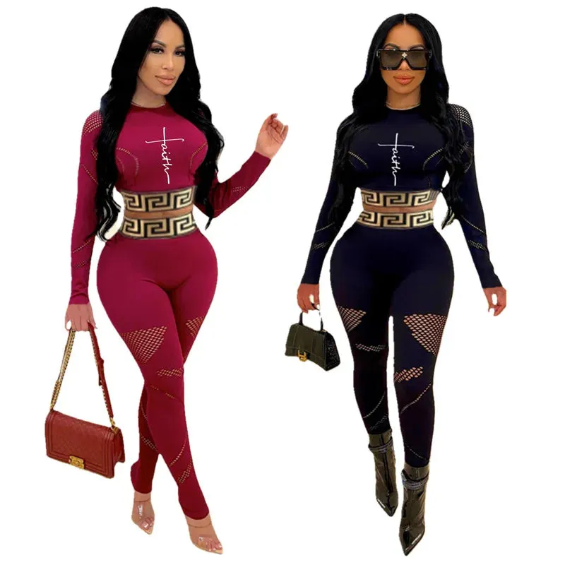 Two-piece Sexy Printed Long Sleeve Waist Bodycon Crop Top Grid Hollow Stitching Lounge Outfits