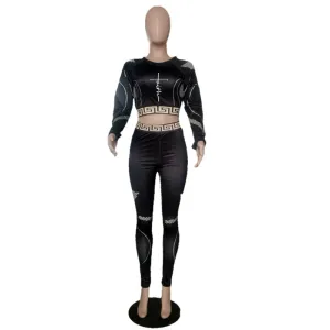 Two-piece Sexy Printed Long Sleeve Waist Bodycon Crop Top Grid Hollow Stitching Lounge Outfits