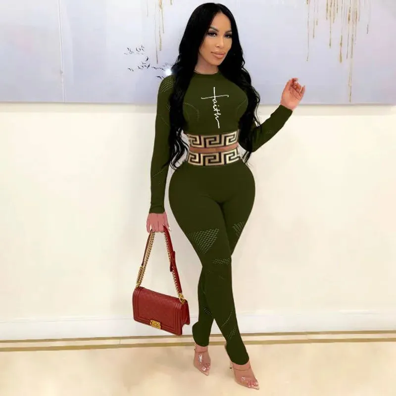 Two-piece Sexy Printed Long Sleeve Waist Bodycon Crop Top Grid Hollow Stitching Lounge Outfits