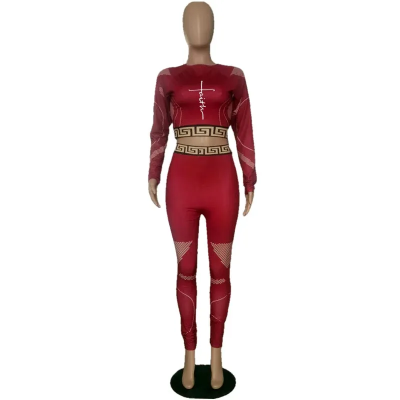 Two-piece Sexy Printed Long Sleeve Waist Bodycon Crop Top Grid Hollow Stitching Lounge Outfits