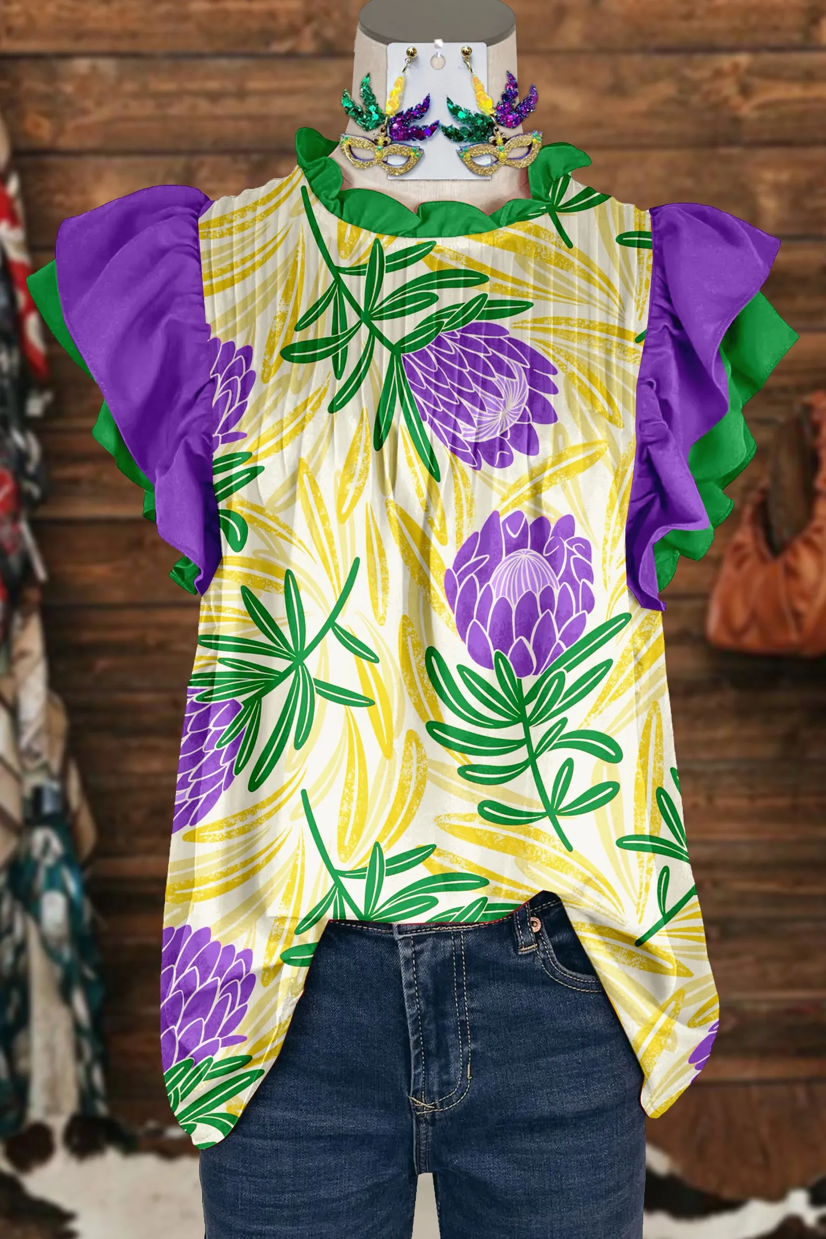 Unique Mardi Gras Floral Print Pleated Fly Sleeve Blouse