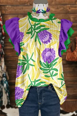 Unique Mardi Gras Floral Print Pleated Fly Sleeve Blouse