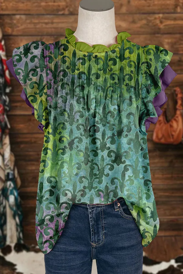 Unique Mardi Gras Ruffled Sleeve Paneled Pleated Blouse