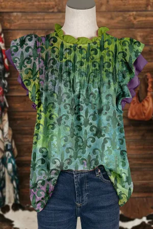 Unique Mardi Gras Ruffled Sleeve Paneled Pleated Blouse