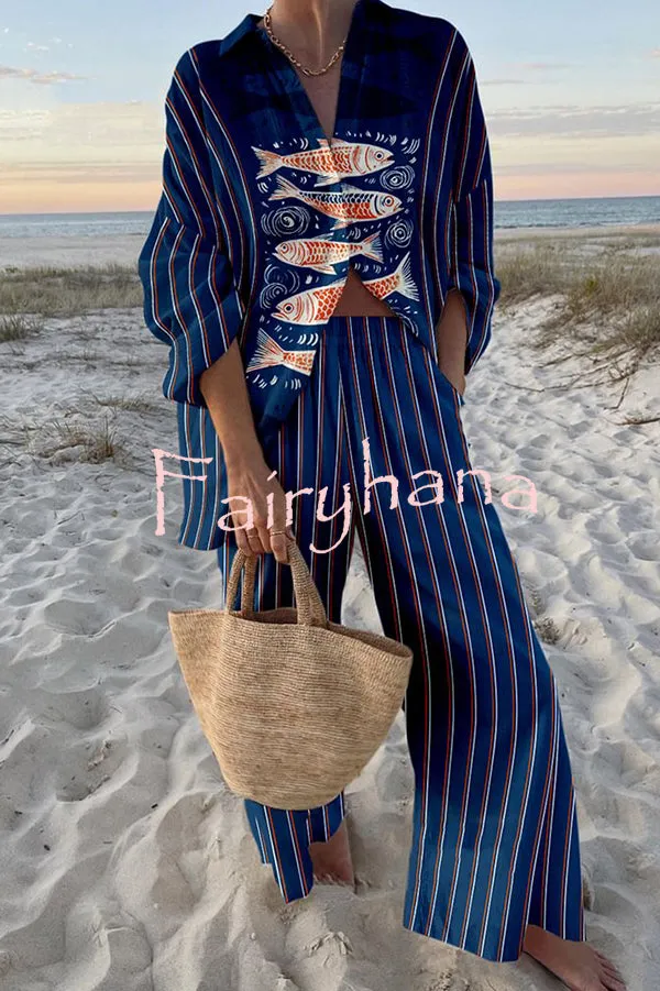 Unique Ocean Print Oversized Shirt and Elastic Waist Pocket Pants Set