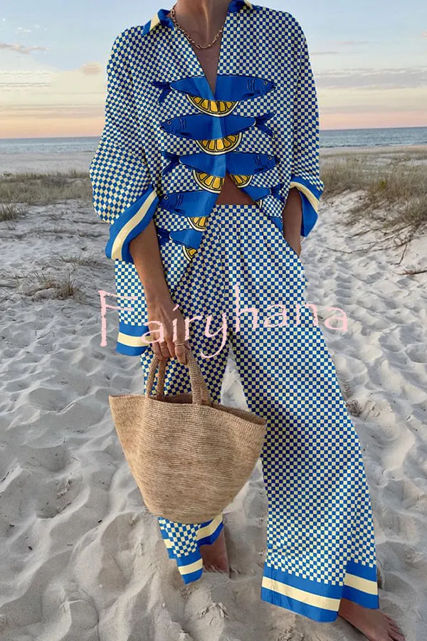 Unique Ocean Print Oversized Shirt and Elastic Waist Pocket Pants Set