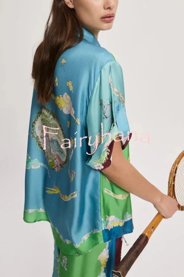 Unique Printed Lapel Short-sleeved Loose Shirt and Elastic Waist Tie Wide-leg Pants Set