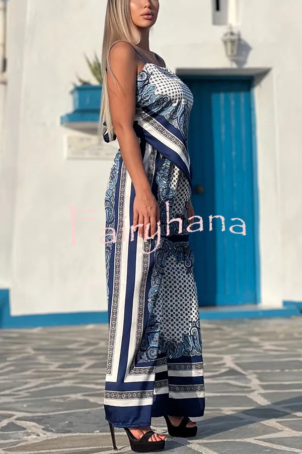 Unique Printed Sling Backless Strappy Top and Elastic Waisted Loose Pants Set