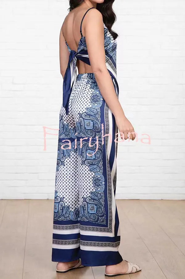Unique Printed Sling Backless Strappy Top and Elastic Waisted Loose Pants Set