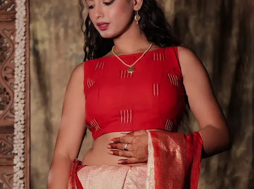 Utkorshini - Red Embroidered Sleeveless Cotton Blouse