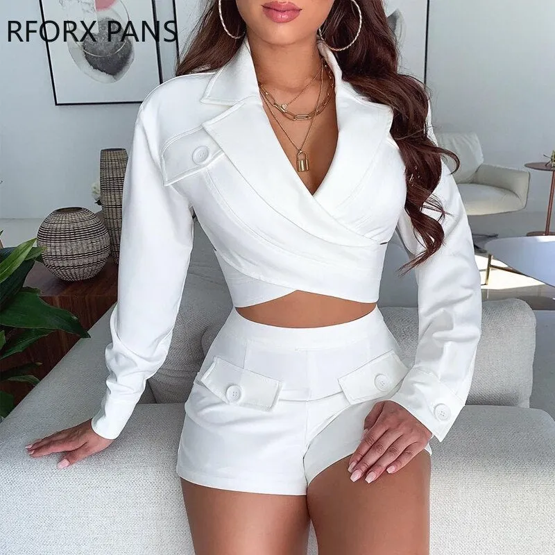 V-neck Buttons Criss-Cross Backless Top with Buttons Shorts Two Piece Set