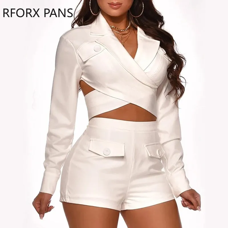V-neck Buttons Criss-Cross Backless Top with Buttons Shorts Two Piece Set