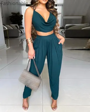 V-Neck Criss-Cross Backless Crop Top & Pants Set