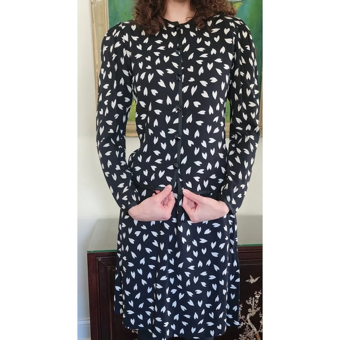 Vintage 1979 Yves Saint Laurent Skirt Suit Heart Print Silk Black White / S
