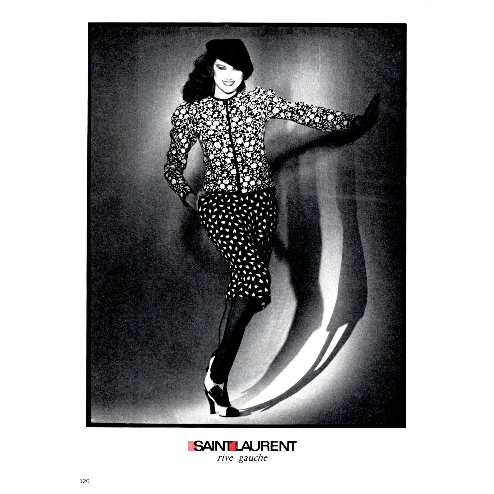Vintage 1979 Yves Saint Laurent Skirt Suit Heart Print Silk Black White / S