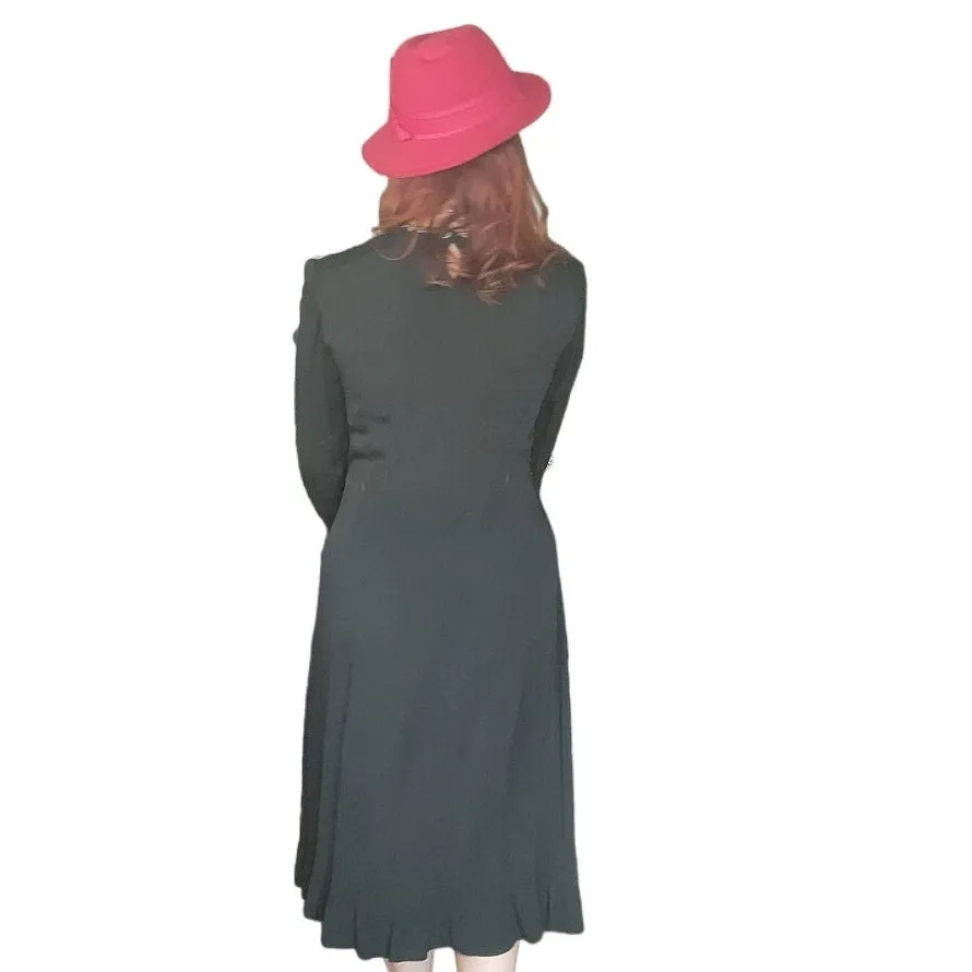 Vintage 40s Embroidered Dress Black Rayon Long Sleeve