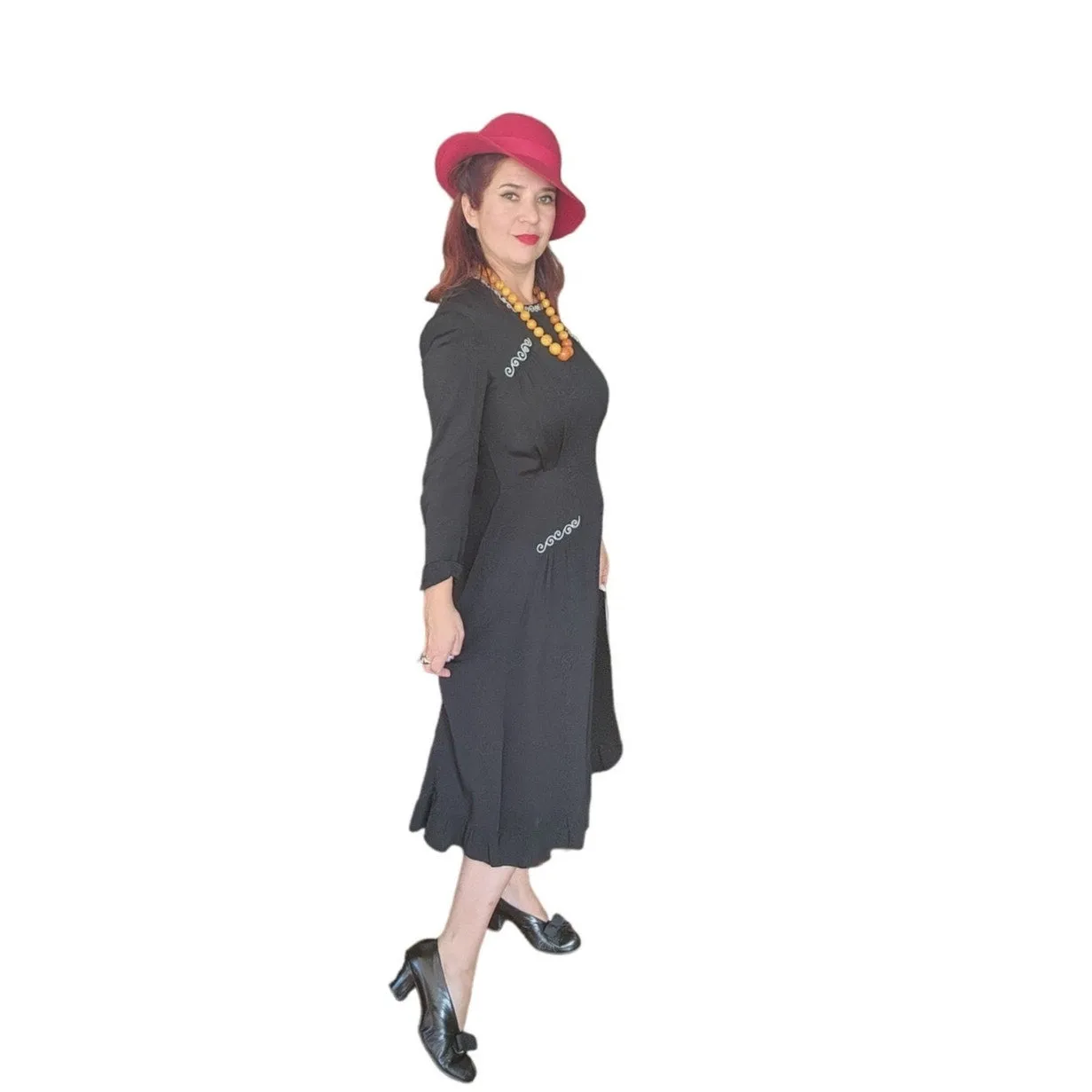 Vintage 40s Embroidered Dress Black Rayon Long Sleeve