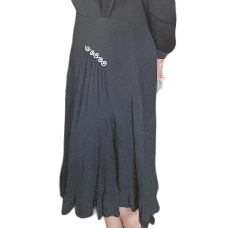 Vintage 40s Embroidered Dress Black Rayon Long Sleeve