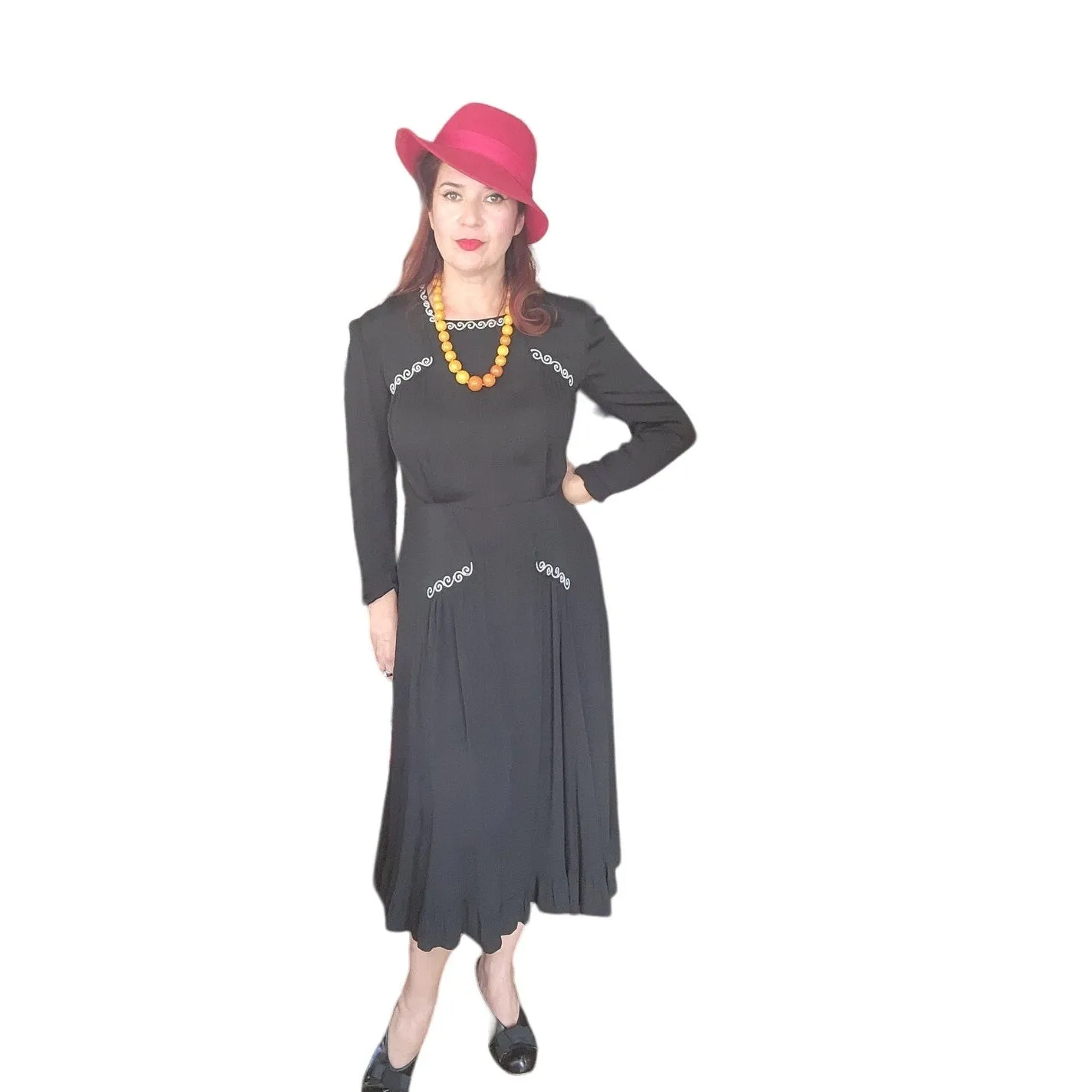 Vintage 40s Embroidered Dress Black Rayon Long Sleeve
