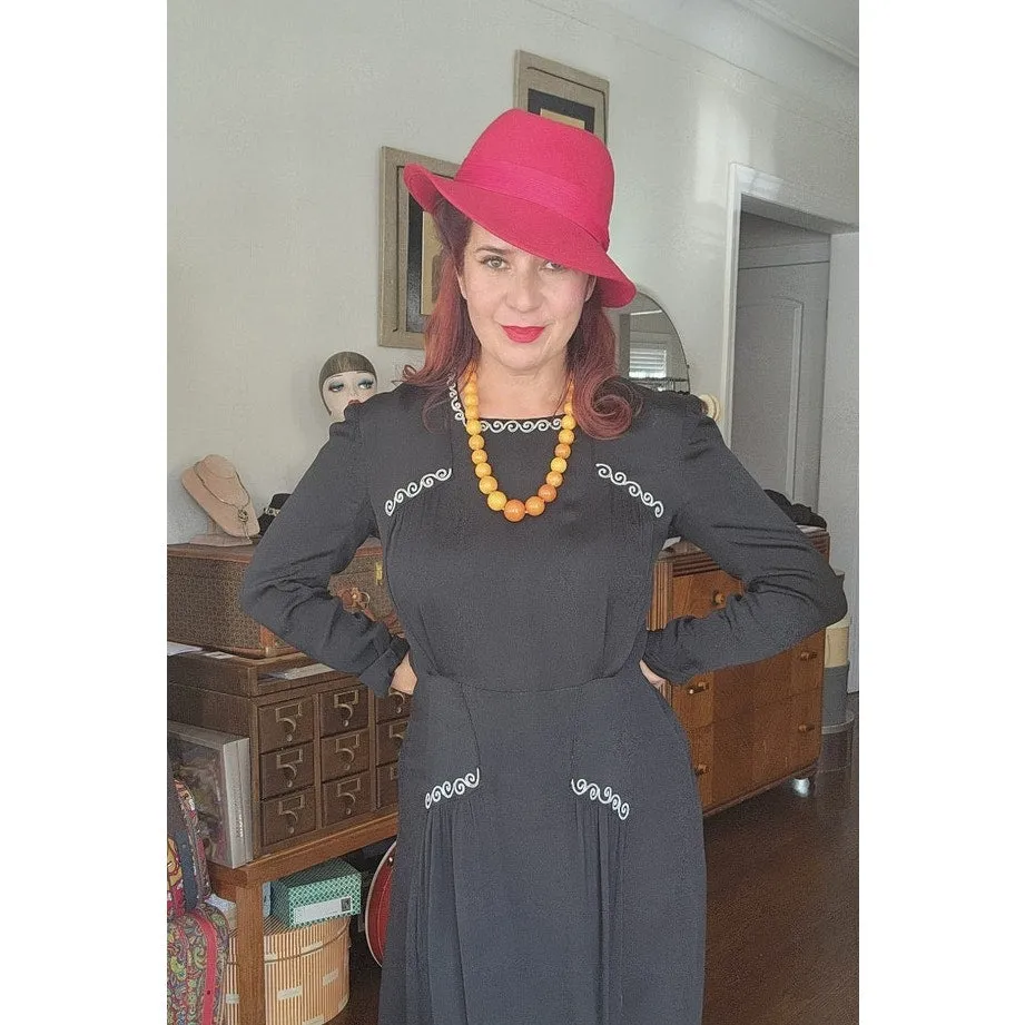 Vintage 40s Embroidered Dress Black Rayon Long Sleeve