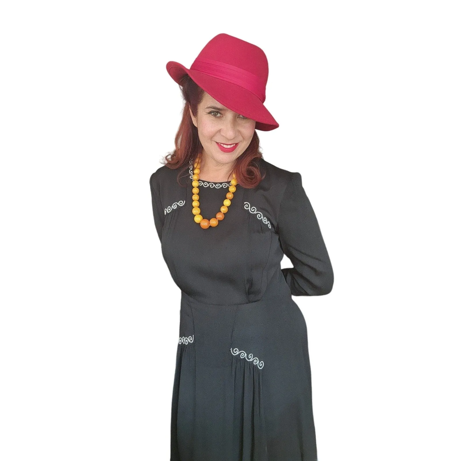 Vintage 40s Embroidered Dress Black Rayon Long Sleeve