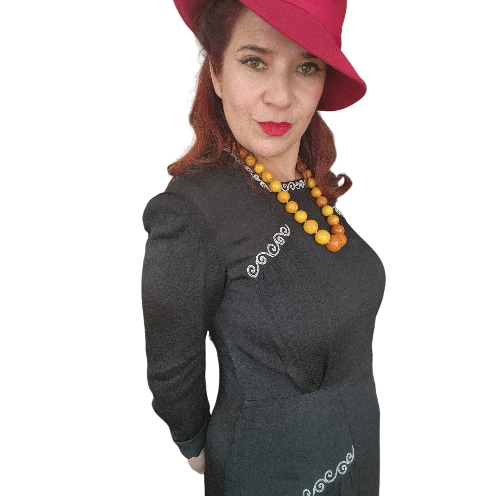 Vintage 40s Embroidered Dress Black Rayon Long Sleeve