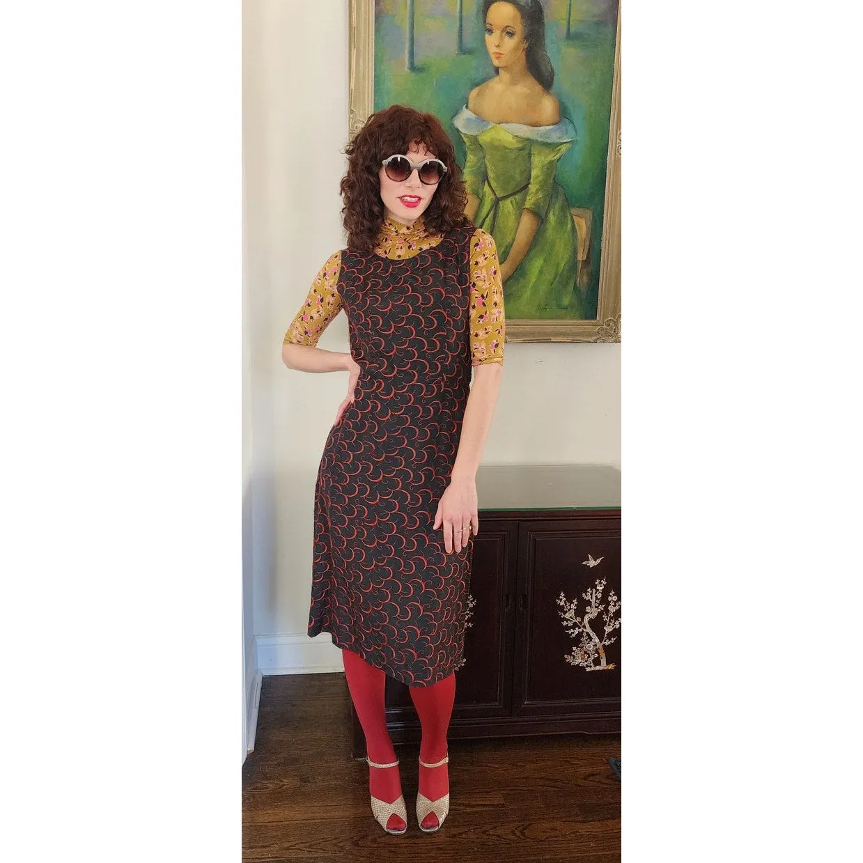 Vintage 60s Party Dress Red on Black Embroidered Satin Crescent Moon / M