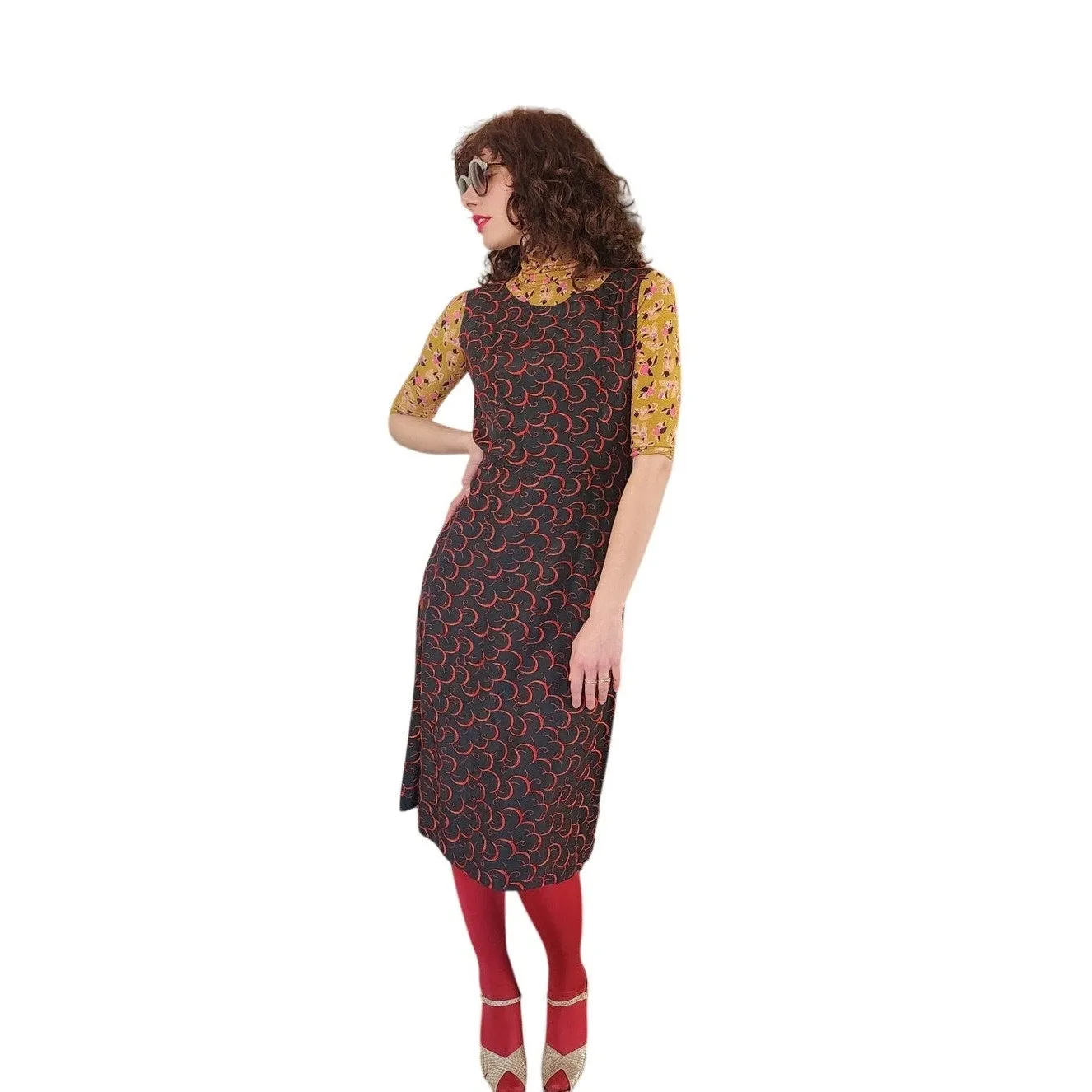Vintage 60s Party Dress Red on Black Embroidered Satin Crescent Moon / M